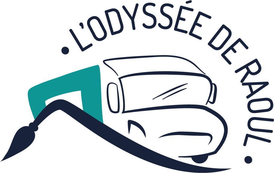 logo de l'association L'Odyssée de Raoul qui représente un camion bleu sur un pinceau