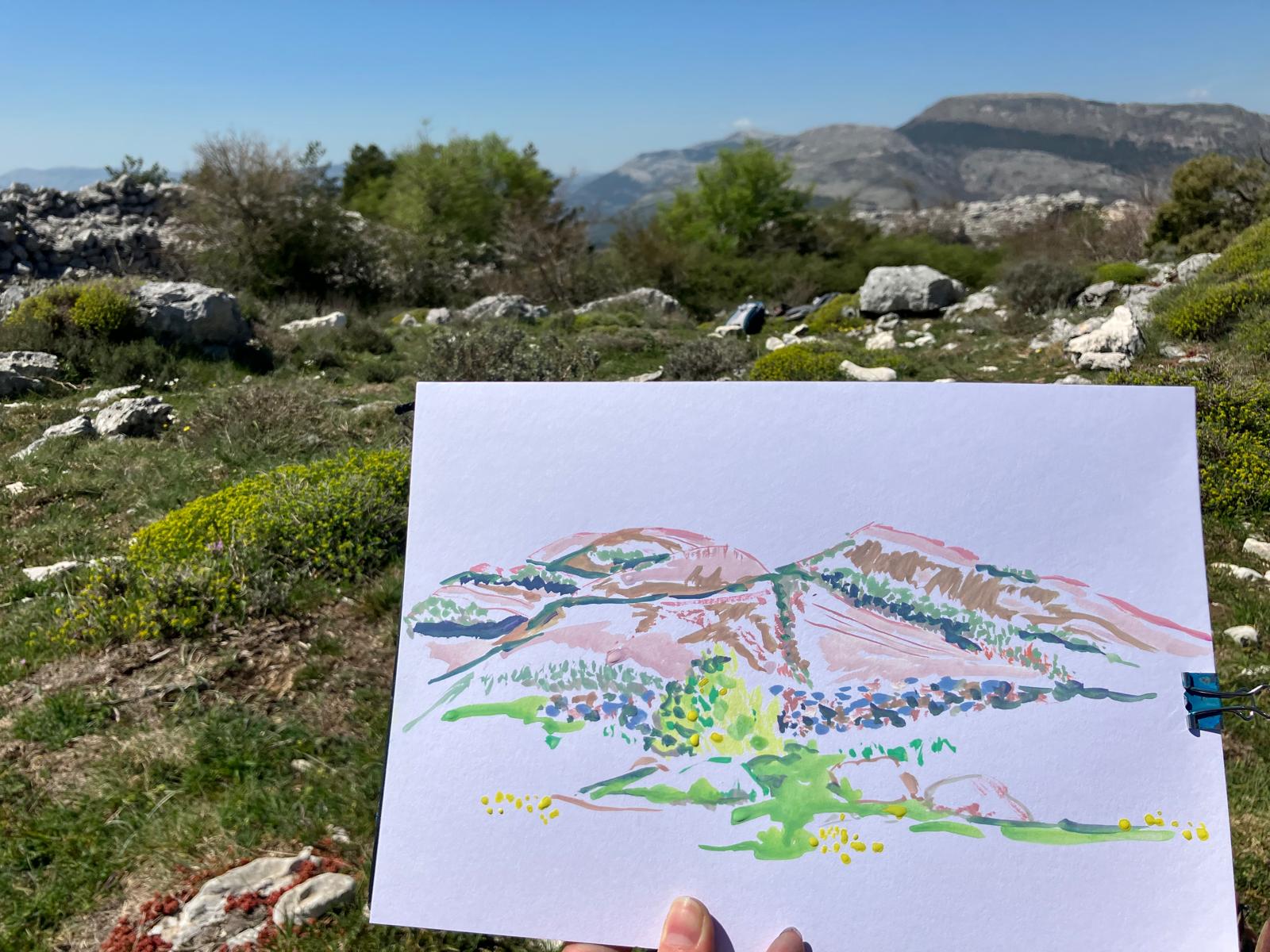 cours de peinture à la gouache sur le vif à Caussols dans les Alpes-Maritimes. Balade colorée